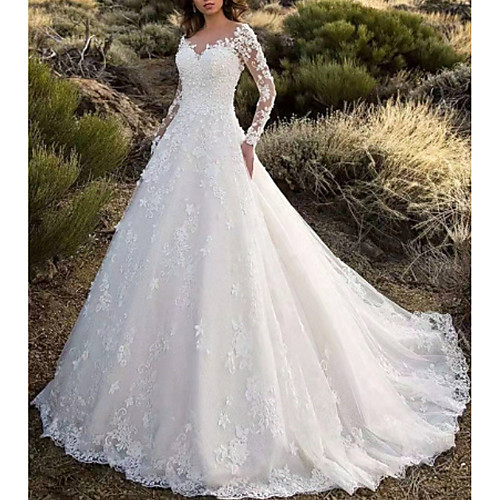 

A-Line V Neck Sweep / Brush Train Lace Long Sleeve Formal Sparkle & Shine / Illusion Detail Made-To-Measure Wedding Dresses with Appliques 2020
