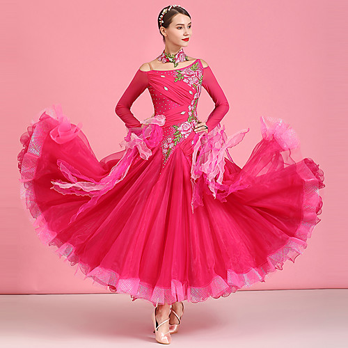 

Ballroom Dance Dresses Women's Performance Spandex / Organza / Tulle Appliques / Crystals / Rhinestones Long Sleeve High Dress