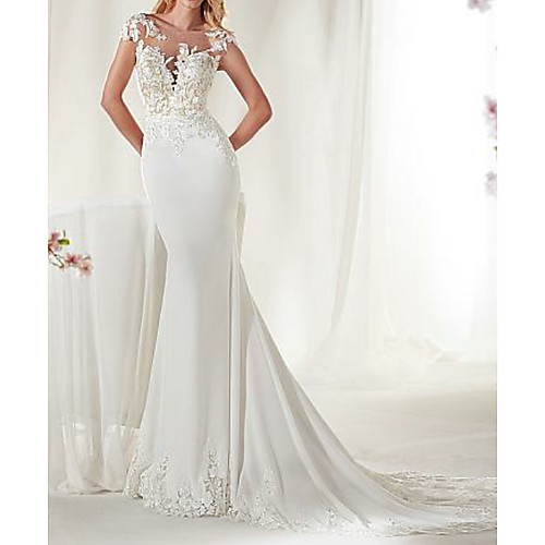 

Mermaid / Trumpet Jewel Neck Court Train Satin Cap Sleeve Sexy See-Through / Illusion Detail Wedding Dresses with Lace Insert 2020