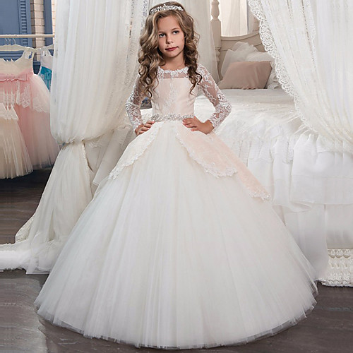 

Princess / Ball Gown Maxi Party / Formal Evening / Pageant Flower Girl Dresses - Tulle / Poly&Cotton Blend 3/4 Length Sleeve Jewel Neck with Lace / Appliques