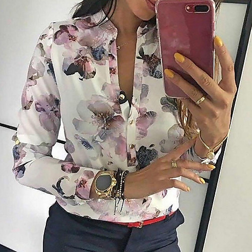 

Women's Daily Shirt - Floral Shirt Collar White