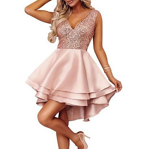 

A-Line Plunging Neck Short / Mini Satin Cute Cocktail Party / Holiday Dress 2020 with Sequin / Tier