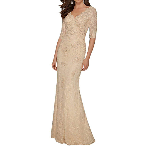 

Mermaid / Trumpet Mother of the Bride Dress Sexy Plus Size V Neck Sweep / Brush Train Chiffon Lace Half Sleeve with Lace Appliques 2020