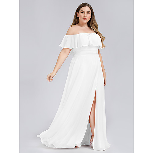 

A-Line Off Shoulder Floor Length Chiffon Plus Size / White Holiday / Beach Dress with Ruffles / Split 2020
