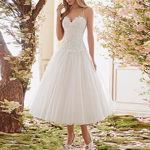 

A-Line Wedding Dresses Sweetheart Neckline Midi Lace Spaghetti Strap Casual Boho Illusion Detail Backless with 2020