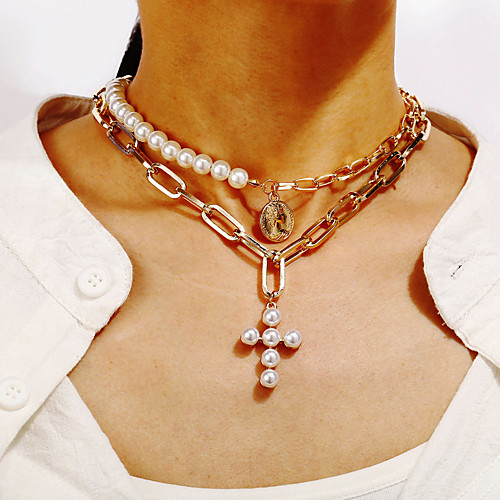 

Women's Layered Necklace Cross Trendy Fashion Imitation Pearl Chrome Gold 37.3 cm Necklace Jewelry 1pc For Carnival Street Festival