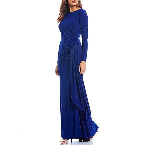 

Sheath / Column Jewel Neck Floor Length Spandex Long Sleeve Elegant & Luxurious Mother of the Bride Dress with Ruching Mother's Day 2020