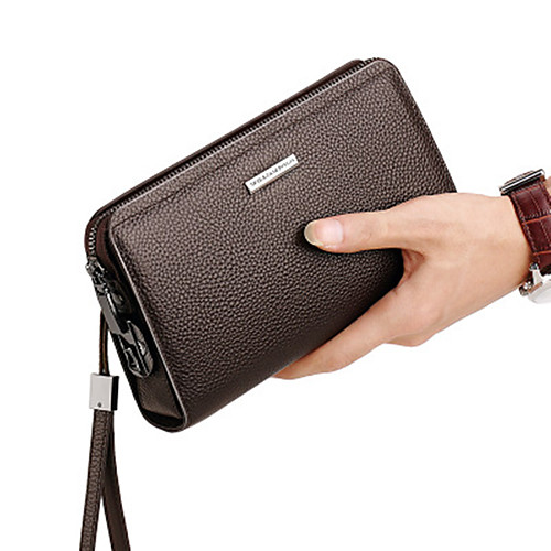 

Men's Zipper Cowhide Clutch Solid Color Black / Coffee