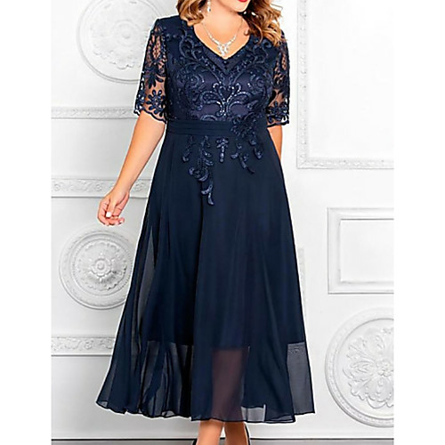 

A-Line V Neck Ankle Length Chiffon / Sequined Half Sleeve Elegant / Plus Size Mother of the Bride Dress with Appliques Mother's Day 2020