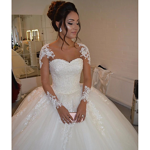 

Ball Gown Sweetheart Neckline Floor Length Lace / Tulle Long Sleeve Romantic Illusion Detail Wedding Dresses with Lace 2020 / Bell Sleeve