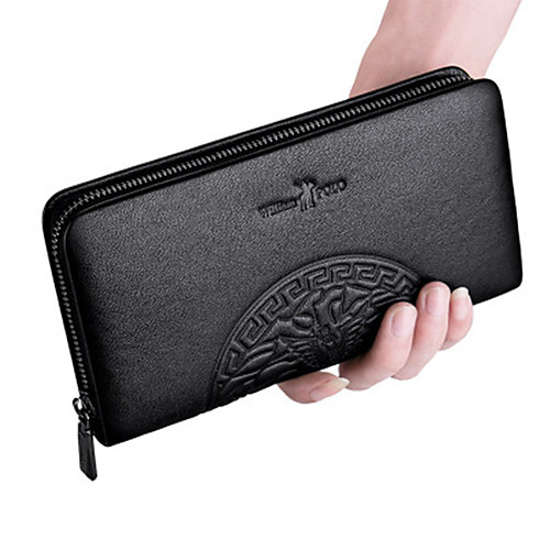 

Men's Zipper Cowhide Wallet Solid Color Black / Black Grey