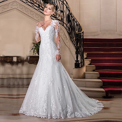 

Mermaid / Trumpet V Neck Chapel Train Lace / Tulle / Lace Over Satin Long Sleeve Vintage See-Through / Illusion Sleeve Wedding Dresses with Beading 2020 / Bell Sleeve