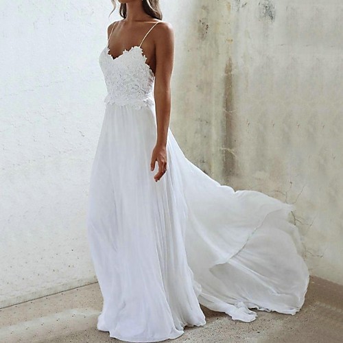 

A-Line V Neck Sweep / Brush Train Chiffon Spaghetti Strap Wedding Dresses with Lace Insert 2020