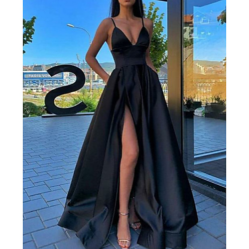 

A-Line Spaghetti Strap Sweep / Brush Train Satin Sexy / Black Prom / Formal Evening Dress with Split Front / Pleats 2020