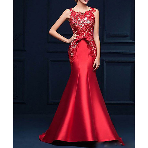 

Mermaid / Trumpet Jewel Neck Sweep / Brush Train Satin Luxurious / Red Engagement / Formal Evening Dress with Appliques / Bow(s) 2020