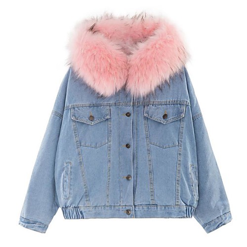 

Women's Daily / Going out Basic / Street chic Winter Regular Denim Jacket, Solid Colored Blue & White Hooded Long Sleeve Cotton / Fox Fur Fur Trim Black / White / Blushing Pink