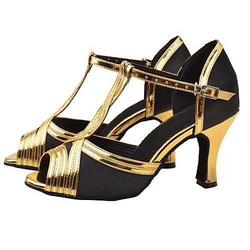 

Women's Dance Shoes Satin Latin Shoes Heel Flared Heel Customizable Black / Gold