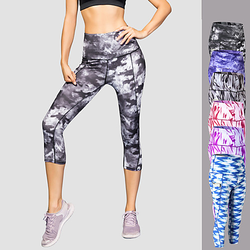 

Women's High Rise Running Tights Running 3/4 Capri Pants Elastane with Side Pocket Sports 3/4 Tights Running Fitness Jogging Moisture Wicking Compression Butt Lift Camouflage Black Dark Grey Purple