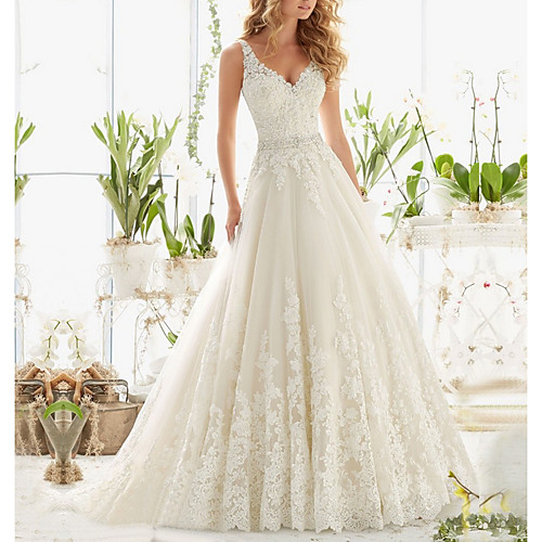 

A-Line V Neck Sweep / Brush Train Lace Regular Straps Formal Illusion Detail Made-To-Measure Wedding Dresses with Beading / Buttons / Crystals 2020