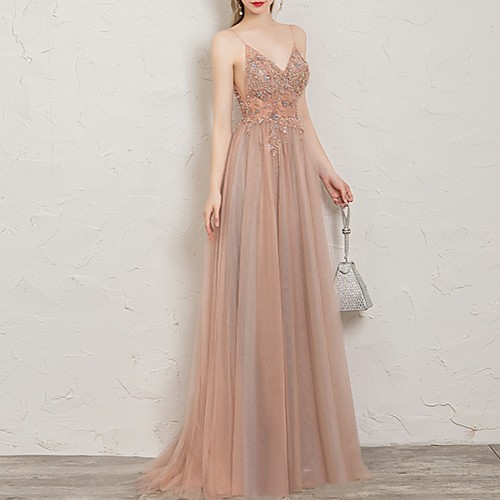 

A-Line Spaghetti Strap Sweep / Brush Train Tulle / Sequined Open Back Prom / Formal Evening Dress with Beading / Sequin / Split Front 2020