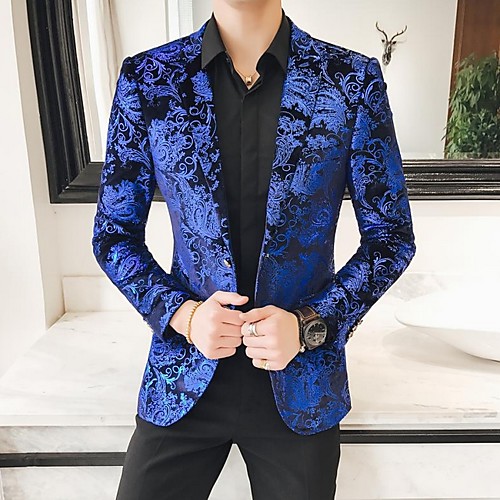 

Men's Blazer, Floral Notch Lapel Polyester Blue