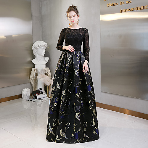 

A-Line Jewel Neck Floor Length Floral Lace Plus Size Formal Evening Dress 2020 with Pattern / Print