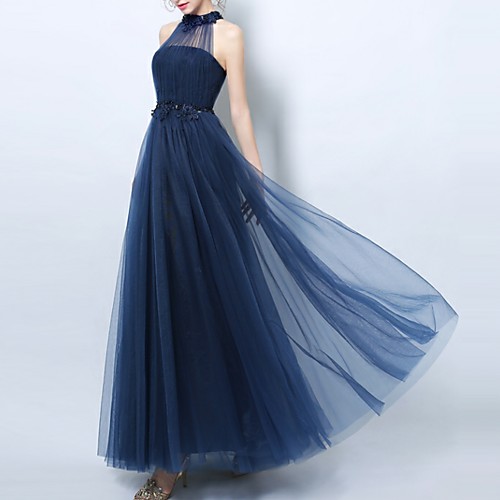 

A-Line Halter Neck Floor Length Tulle Empire / Blue Prom / Formal Evening Dress with Beading / Appliques 2020