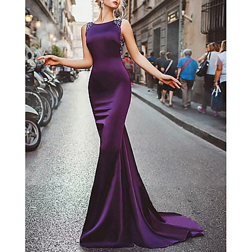 

Mermaid / Trumpet Jewel Neck Sweep / Brush Train Satin Elegant Formal Evening Dress with Beading 2020