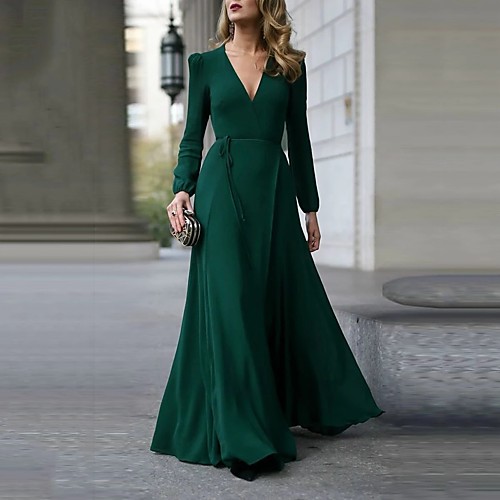 

Women's Maxi Trumpet / Mermaid Dress - Long Sleeve Solid Color Patchwork Spring & Summer Fall & Winter Deep V Party Wine Black Army Green S M L XL