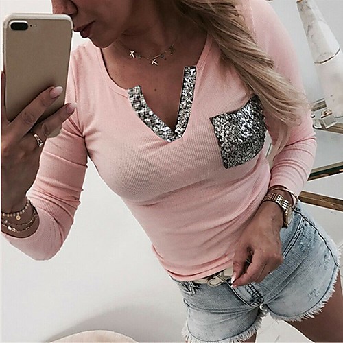 

Women's Daily Sports Basic / Street chic T-shirt - Solid Colored Sequins / Patchwork Black