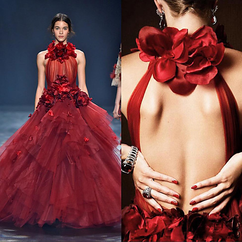 

Ball Gown Floral Red Quinceanera Formal Evening Dress Halter Neck Sleeveless Floor Length Tulle with Tier Appliques 2020