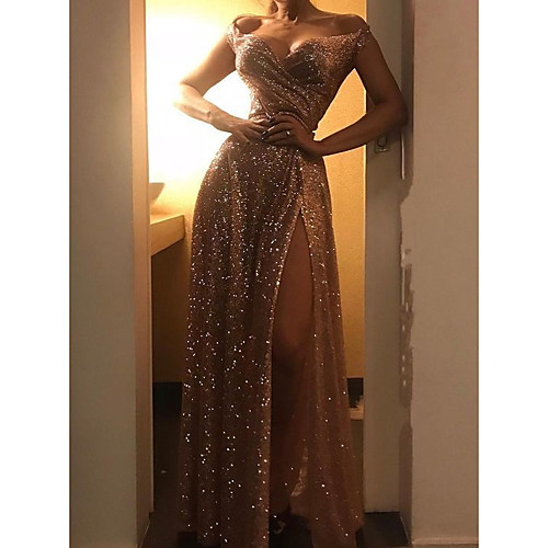 

Women's Maxi Gold Dress Elegant Party A Line Solid Colored Off Shoulder Split S M