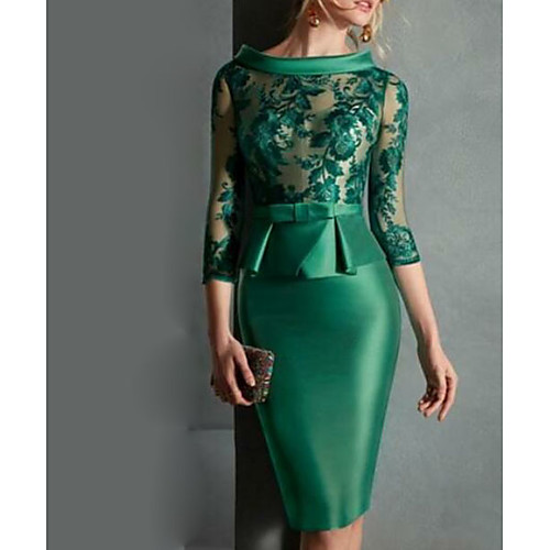 

Sheath / Column Jewel Neck Knee Length Satin Elegant Cocktail Party / Holiday Dress 2020 with Sash / Ribbon / Lace Insert