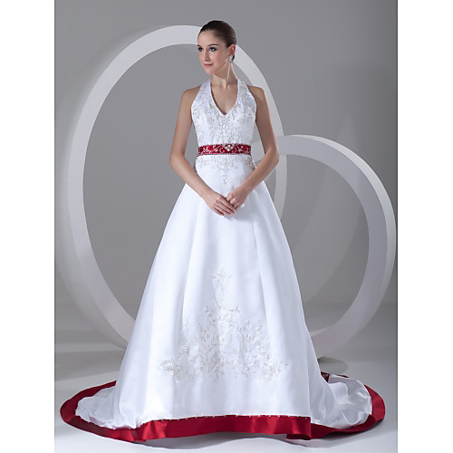 

A-Line Halter Neck Chapel Train Satin Regular Straps Made-To-Measure Wedding Dresses with Beading / Embroidery / Sashes / Ribbons 2020