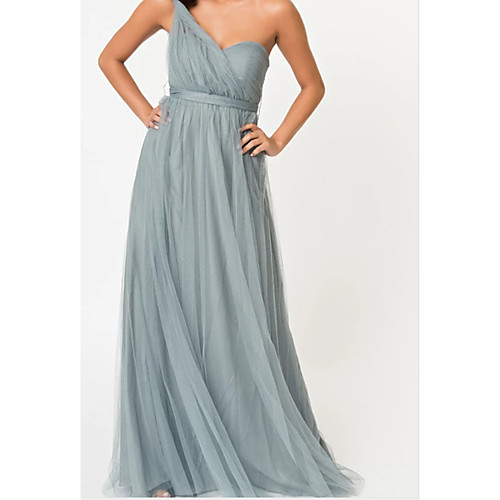 

A-Line One Shoulder Floor Length Tulle Bridesmaid Dress with Sash / Ribbon / Ruching
