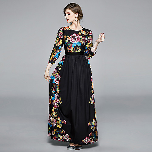 

Women's Business Formal Vintage Elegant Swing Dress - Floral Print Black M L XL XXL