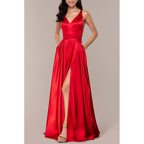 

A-Line V Neck Sweep / Brush Train Charmeuse Empire / Red Prom / Wedding Guest Dress with Split Front 2020