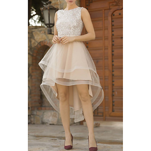 

A-Line Jewel Neck Asymmetrical Tulle / Sequined Sparkle & Shine Cocktail Party / Holiday Dress 2020 with Sash / Ribbon / Tier