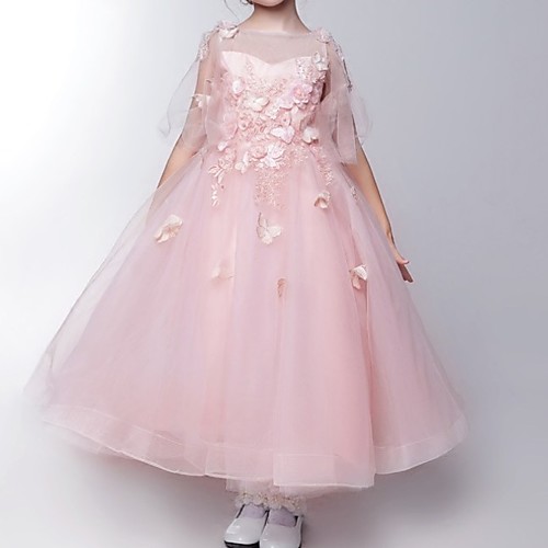 

A-Line Ankle Length Flower Girl Dress - Polyester Short Sleeve Boat Neck with Appliques