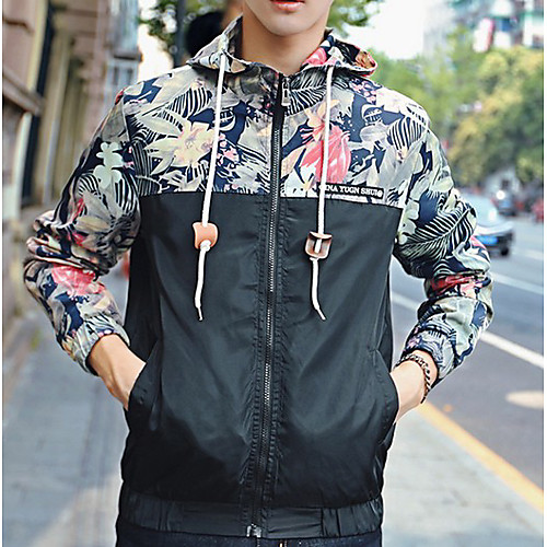 

Men's Daily Regular Jacket, Plants Hooded Long Sleeve Polyester Black / White