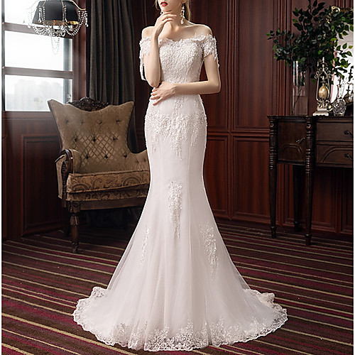 

Mermaid / Trumpet Off Shoulder Sweep / Brush Train Polyester Short Sleeve Made-To-Measure Wedding Dresses with Beading / Appliques 2020