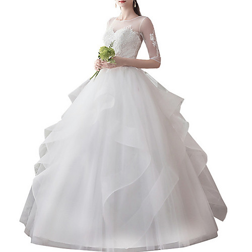 

A-Line Jewel Neck Sweep / Brush Train Tulle Half Sleeve Made-To-Measure Wedding Dresses with Appliques 2020