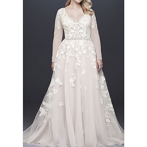 

A-Line V Neck Court Train Lace / Tulle Long Sleeve Illusion Sleeve Wedding Dresses with Beading / Appliques 2020