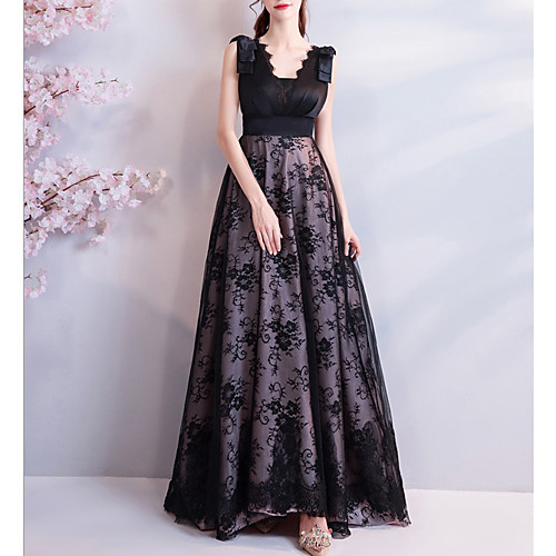 

A-Line V Neck Sweep / Brush Train Polyester Elegant Prom / Formal Evening Dress 2020 with Lace Insert by Lightinthebox