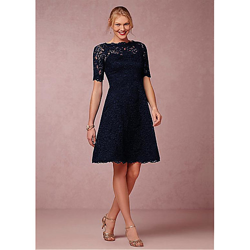 

A-Line Scalloped Neckline Knee Length Lace Short Sleeve Plus Size Mother of the Bride Dress with Lace 2020