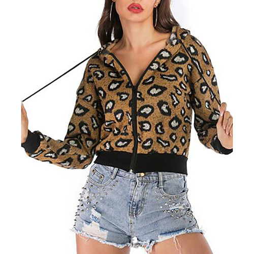 

Women's Leopard Long Sleeve Cardigan Sweater Jumper, Hooded Fall / Winter Brown S / M / L