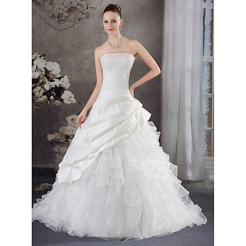 

A-Line Strapless Chapel Train Organza / Satin Strapless Made-To-Measure Wedding Dresses with Beading / Appliques / Pick Up Skirt 2020
