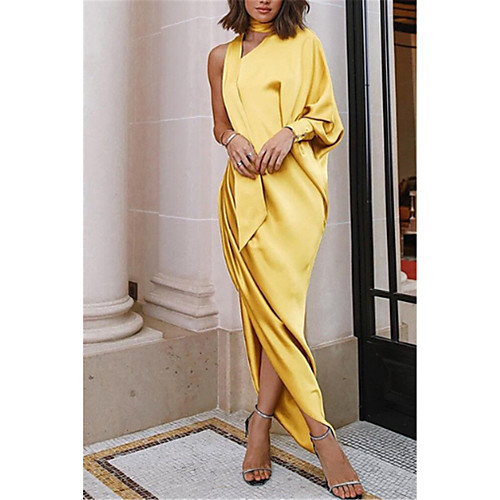 

Women's Kentucky Derby Cocktail Party Prom Sexy Puff Sleeve Asymmetrical Slim Swing Dress - Solid Colored Ruffle Ruched Split One Shoulder Spring Wine Orange Yellow S M L XL