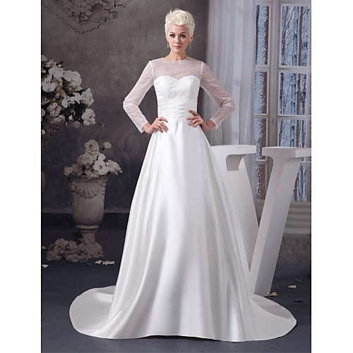 

A-Line Jewel Neck Court Train Satin / Tulle 3/4 Length Sleeve Made-To-Measure Wedding Dresses with Ruched 2020 / Bell Sleeve