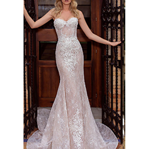 

Mermaid / Trumpet Strapless Court Train Lace Strapless Made-To-Measure Wedding Dresses with Appliques / Draping 2020